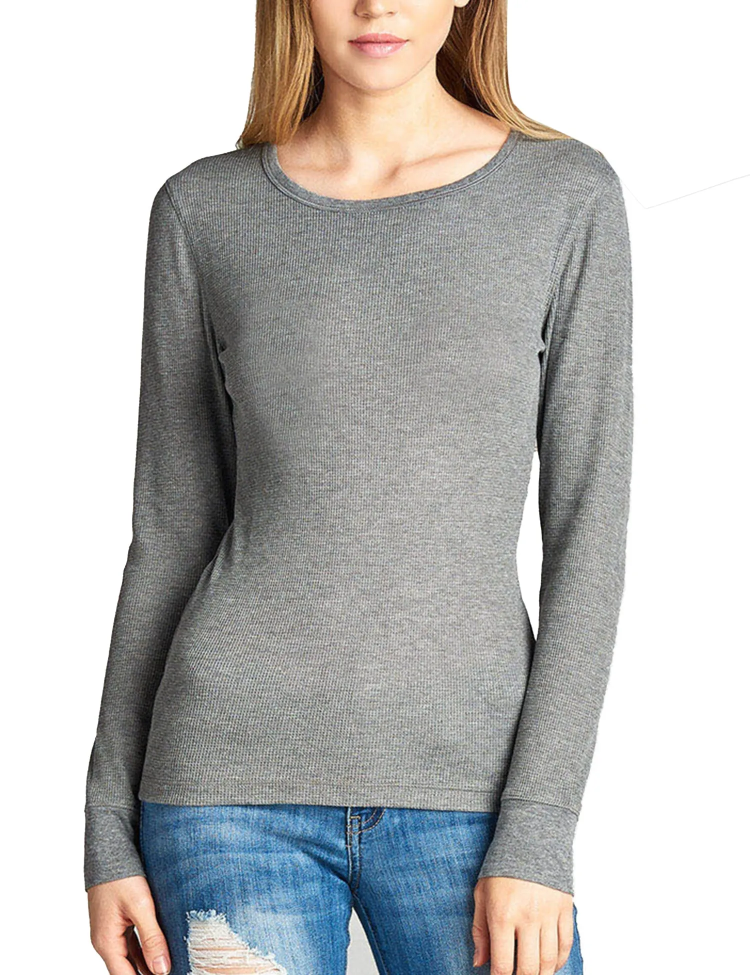 Womens Long sleeve Plain Basic Crew Neck Cotton Thermal T Shirt Top (S-3X)