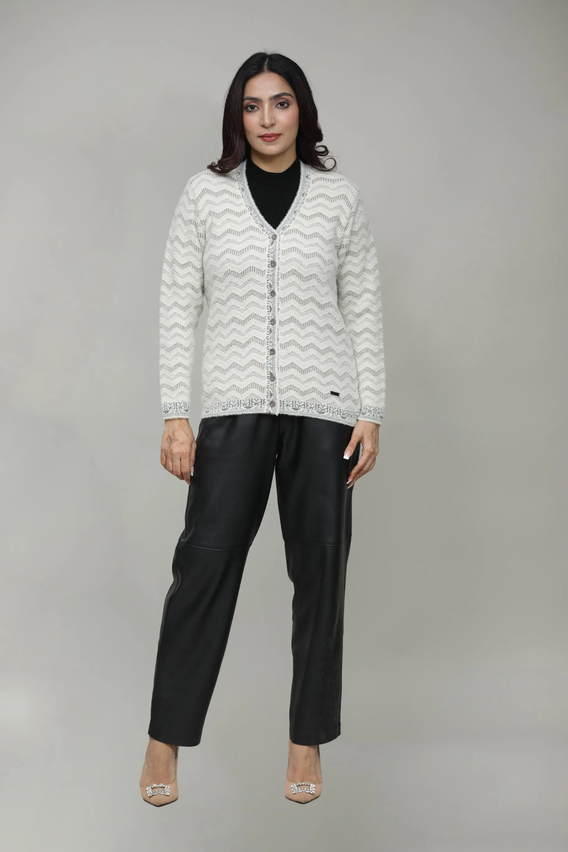 Woolen V-Neck Cardigan with Front Buttons